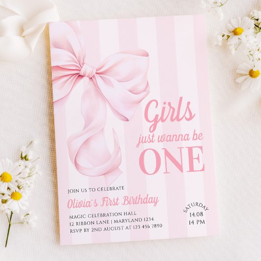 Pink Bow Stripes First Birthday 招待状