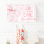 Pink Bow Stripes First Birthday 横断幕 (インサイチュ)