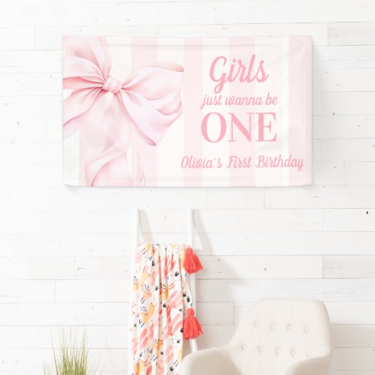 Pink Bow Stripes First Birthday 横断幕 (インサイチュ)