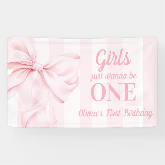 Pink Bow Stripes First Birthday 横断幕 (横)