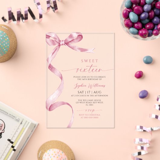 Pink Bow Sweet 16 Birthday アクリル招待状 (インサイチュ (お祝い))