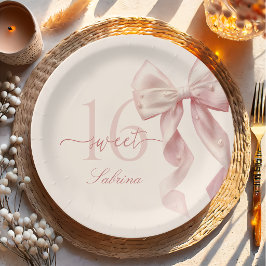 Pink Bow Sweet 16 Birthday Paper Plate ペーパープレート