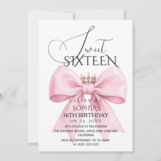Pink Bow Sweet 16 Birthday Party 招待状 (正面)