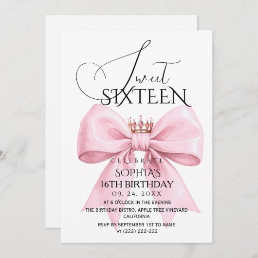 Pink Bow Sweet 16 Birthday Party 招待状 (正面/裏面)