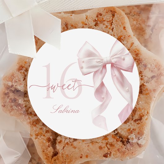 Pink Bow Sweet 16 Birthday Sticker ラウンドシール