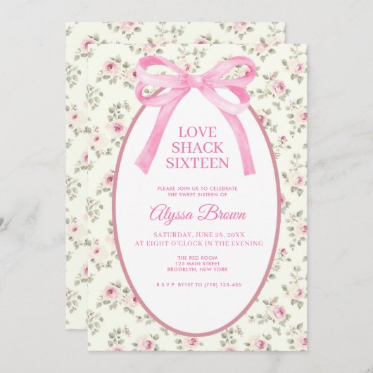Pink Bow Sweet 16 Coquette Birthday Invitation 招待状 (正面/裏面)