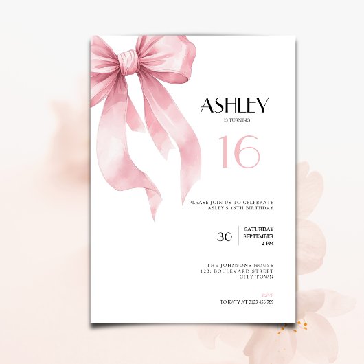 Pink Bow sweet 16th Birthday Invitation for Girls 招待状