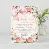 Pink Bow Sweet Baby Girl Is On The Way Baby Shower 招待状 (スタンド正面)