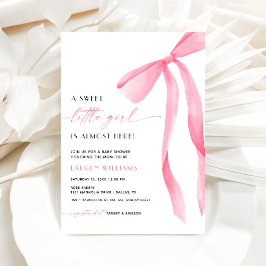 Pink Bow Sweet Little Girl Baby Shower Invitation 招待状