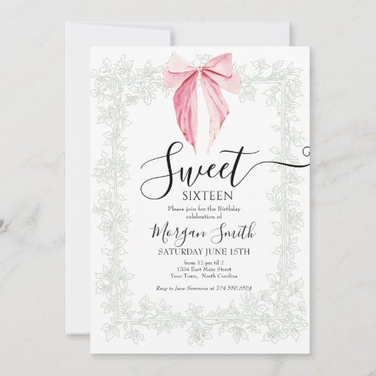 pink bow Sweet Sixteen Birthday 招待状 (正面)