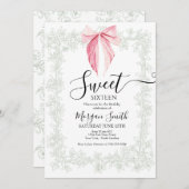 pink bow Sweet Sixteen Birthday 招待状 (正面/裏面)