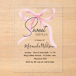 Pink Bow Sweet Sixteen Birthday Acrylic Invitation アクリル招待状