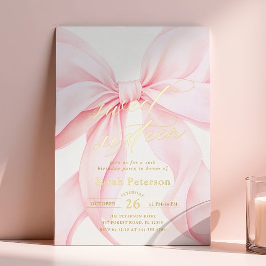 Pink Bow Sweet Sixteen Birthday Foil Invitation 箔招待状
