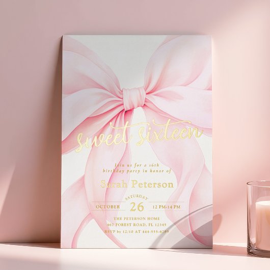 Pink Bow Sweet Sixteen Birthday Foil Invitation 箔招待状