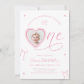 Pink Bow Sweetheart First Birthday Invitation 招待状 (正面)