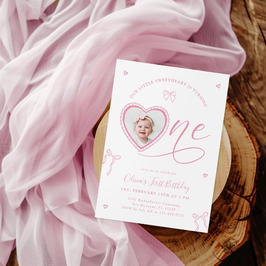 Pink Bow Sweetheart First Birthday Invitation 招待状