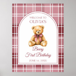 Pink Bow Teddy Bear Birthday Welcome Sign ポスター
