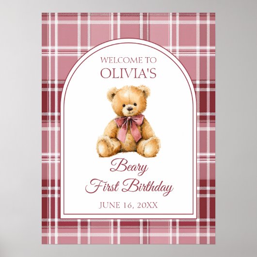 Pink Bow Teddy Bear Birthday Welcome Sign ポスター (正面)