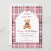 Pink Bow Teddy Bear Tartan Birthday 招待状 (正面)