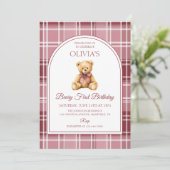 Pink Bow Teddy Bear Tartan Birthday 招待状 (スタンド正面)