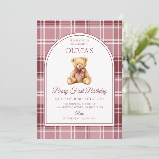 Pink Bow Teddy Bear Tartan Birthday 招待状 (スタンド正面)