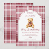 Pink Bow Teddy Bear Tartan Birthday 招待状 (正面/裏面)