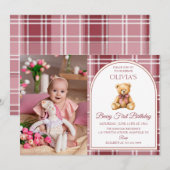 Pink Bow Teddy Bear Tartan Photo Birthday 招待状 (正面/裏面)