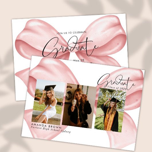 Pink Bow Three Photo Graduation 2025 Invitation 招待状