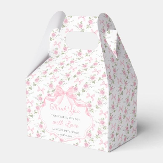 Pink Bow Toile De Jouy Girl Baby Shower フェイバーボックス (正面サイド)