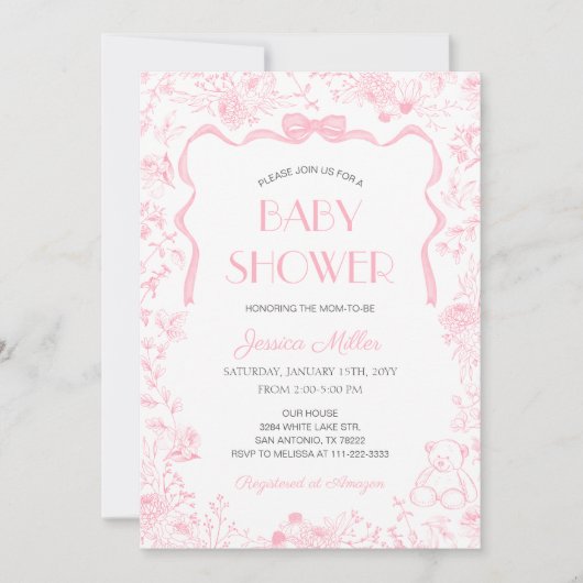 Pink Bow Toile De Jouy Girl Baby Shower 招待状 (正面)