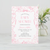 Pink Bow Toile De Jouy Girl Baby Shower 招待状 (スタンド正面)