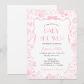 Pink Bow Toile De Jouy Girl Baby Shower 招待状 (正面/裏面)