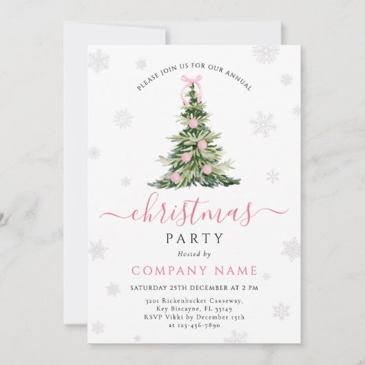 Pink Bow Traditional Tree Christmas Party 招待状 (正面)