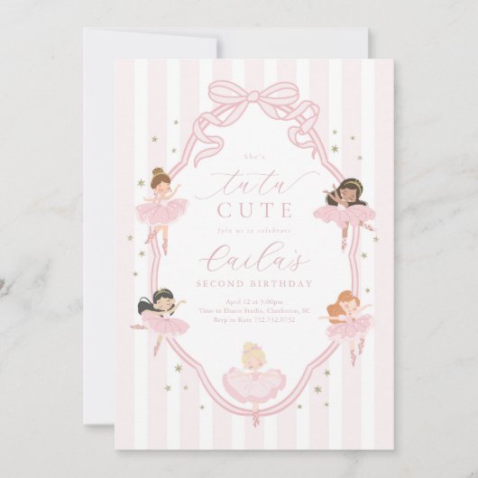 Pink Bow Tutu Cute Ballerina Birthday Invitation 招待状 (正面)