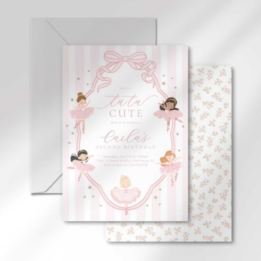 Pink Bow Tutu Cute Ballerina Birthday Invitation 招待状