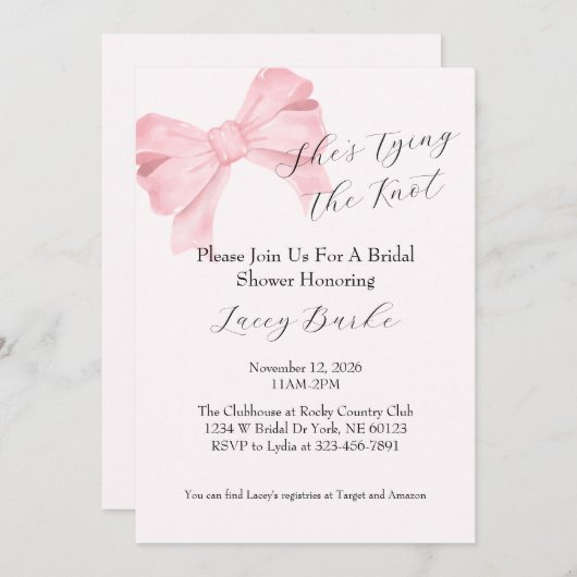 Pink Bow Tying the Knot Bridal Shower Invitation - 招待状 (正面/裏面)