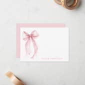 Pink Bow Watercolor Girls Monogram ノートカード (正面/裏面インサイチュ)