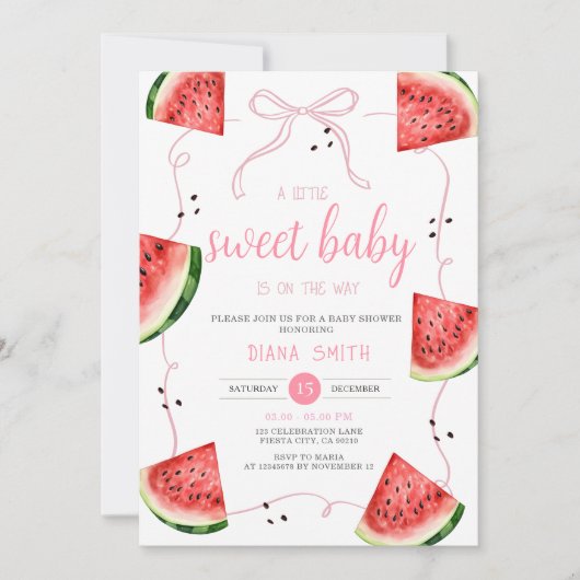 Pink Bow Watermelon Baby Shower 招待状 (正面)