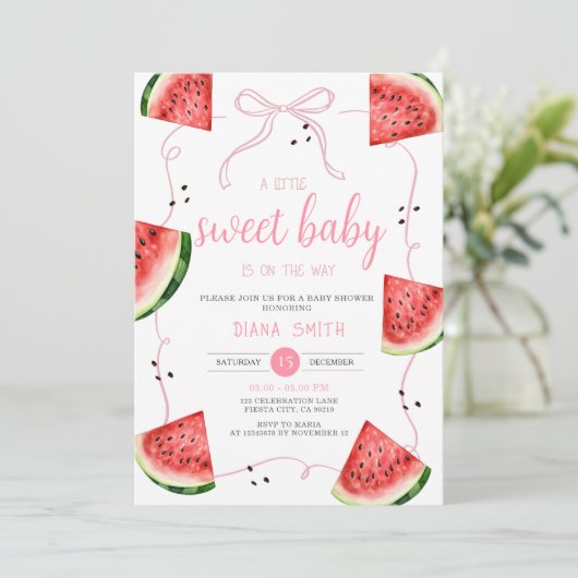 Pink Bow Watermelon Baby Shower 招待状 (スタンド正面)