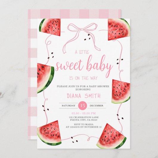 Pink Bow Watermelon Baby Shower 招待状 (正面/裏面)