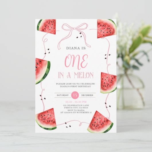 Pink Bow Watermelon First Birthday Invitation 招待状 (スタンド正面)