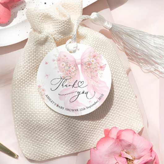 Pink Bow Wildflower Baby Shower Thank You フェイバータグ