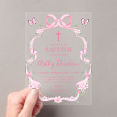 Pink Bow Wildflower Butterfly Baptism Christening アクリル招待状 (インサイチュ (ポータブル))