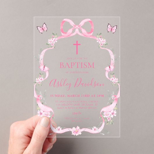 Pink Bow Wildflower Butterfly Baptism Christening アクリル招待状 (インサイチュ (ポータブル))