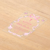 Pink Bow Wildflower Butterfly Baptism Christening アクリル招待状 (レイダウン)