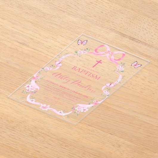 Pink Bow Wildflower Butterfly Baptism Christening アクリル招待状 (レイダウン)