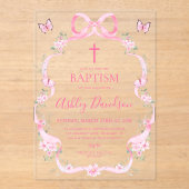 Pink Bow Wildflower Butterfly Baptism Christening アクリル招待状 (正面)