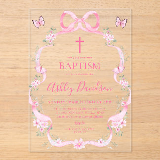 Pink Bow Wildflower Butterfly Baptism Christening アクリル招待状