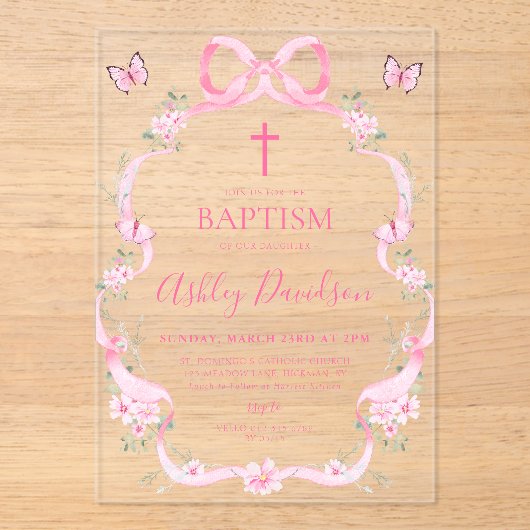 Pink Bow Wildflower Butterfly Baptism Christening アクリル招待状 (正面)