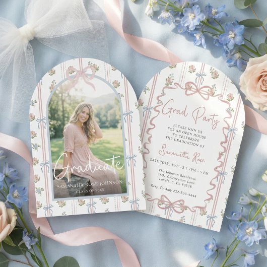 Pink Bow Wildflower Graduation 招待状